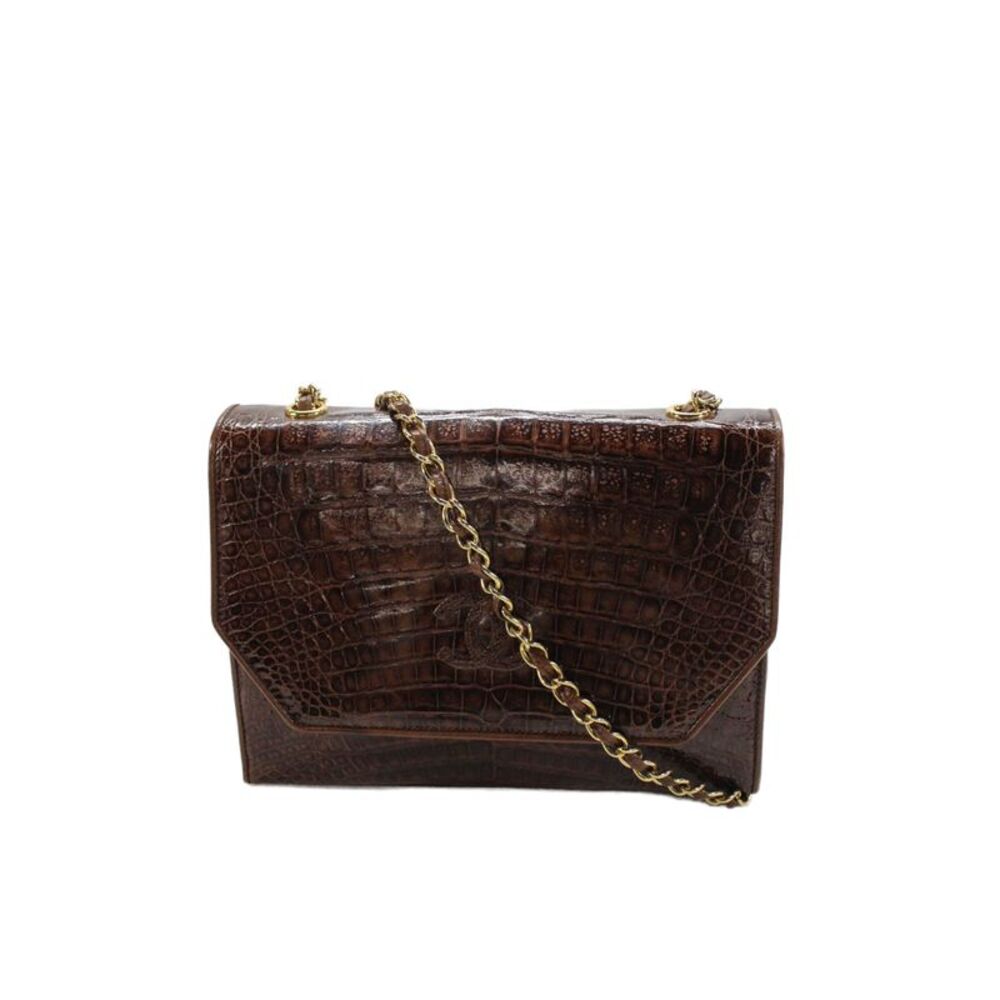 Chanel Womens Crocodile Logo Gold Tone Shoulder Handbag Brown